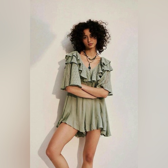 Free People Tops - Free People “Rush For Ruffles” Romper Sage Green NWT